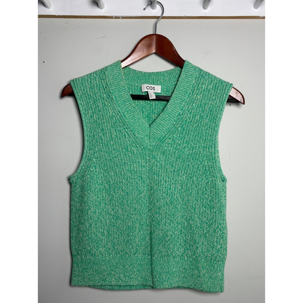 COS Women's Green Marl 100% Cotton V-Neck Sweater Vest XS Minimalist